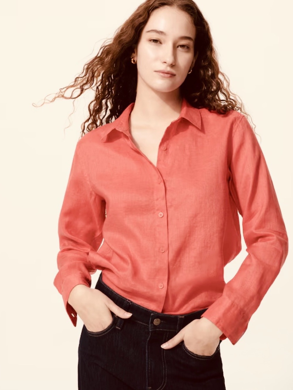 H&M Women Linen Shirt Coral Orange Buttons Up Pocket XXL Top